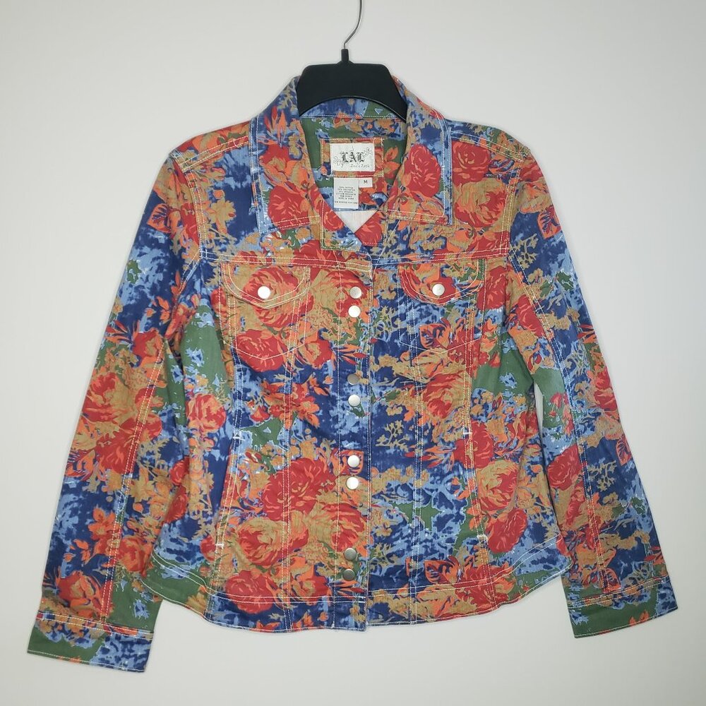 NWOT LAL Live a Little Lightweight Floral Jean Denim Jacket Snap Closure Size M